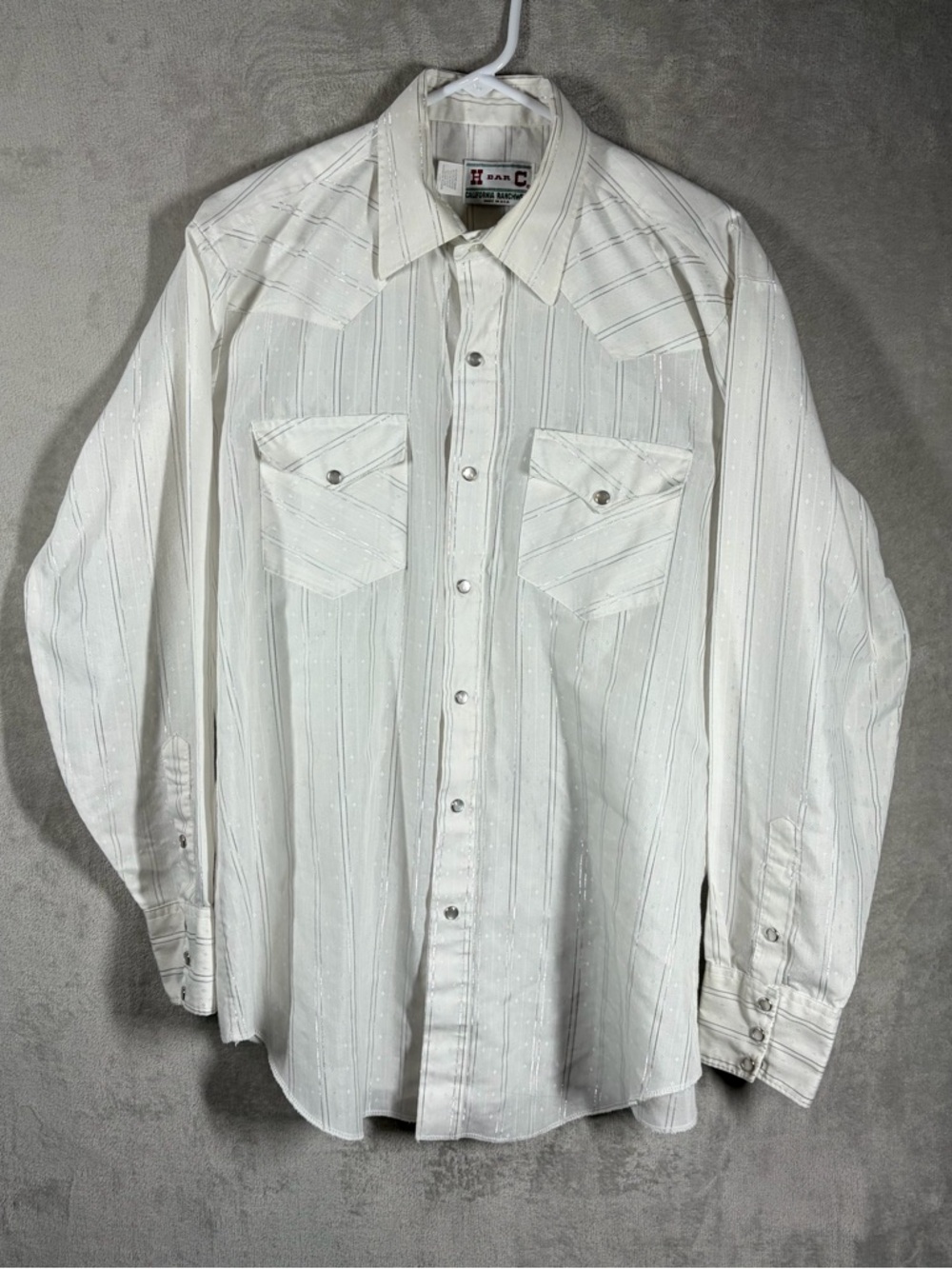 Vintage H Bar C Pearl Snap Western Shirt Mens 16.5 35 White Silver Striped Rodeo